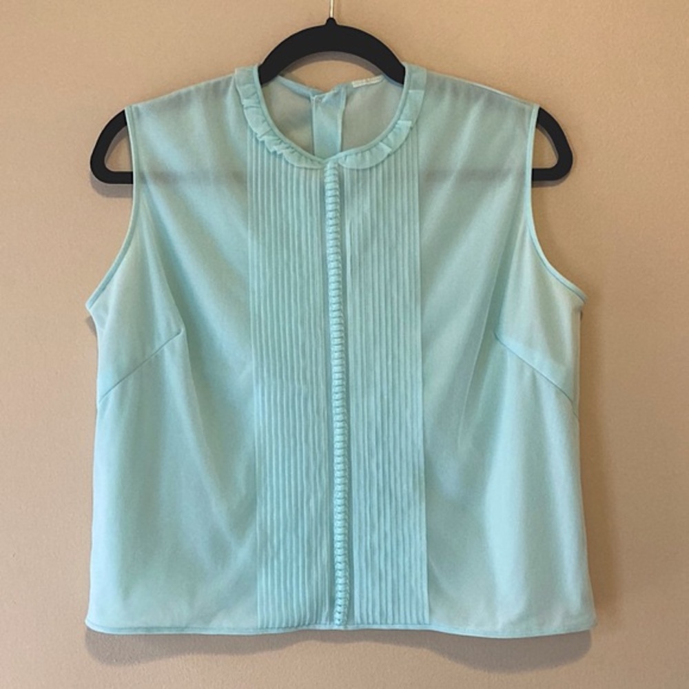 Vintage Tuxedo Blouse, Ruffled Neckline, Sleeveless, Robin’s Egg Blue